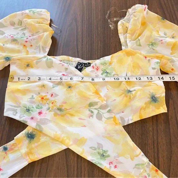 Sheer Floral Bloom Chiffon Crop Top Y2K True Wrap Yellow Romantic Milkmaid - Picture 6 of 10